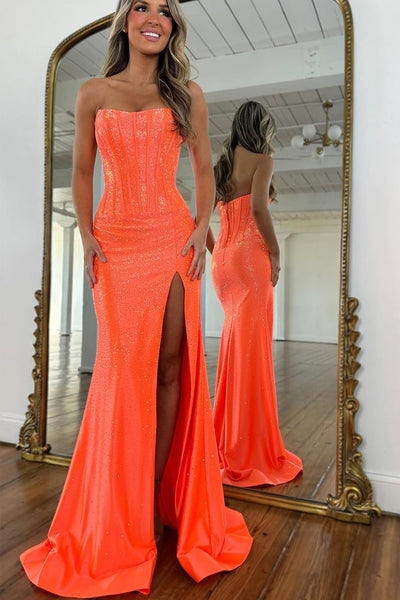 Gorgeous Mermaid Strapless Orange Hot Fix Satin Prom Dress with Slit AB16122805