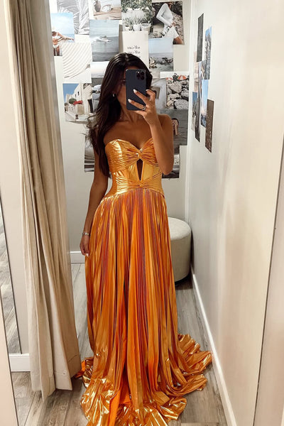 Sparkly A Line Sweetheart Orange Metallic Satin Slit Prom Dress AB26062502