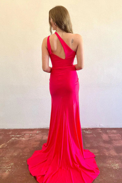 Cute Mermaid One Shoulder Red Elasitc Satin Long Prom Dress with Slit AB4012005