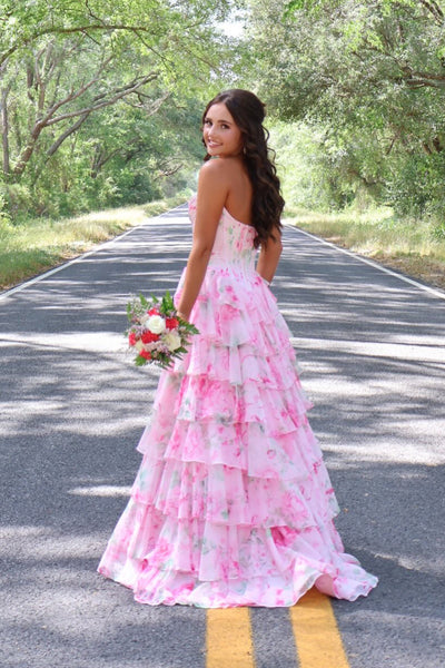 Cute A Line Sweetheart Pink Floral Chiffon Prom Dress with Slit AB26042109