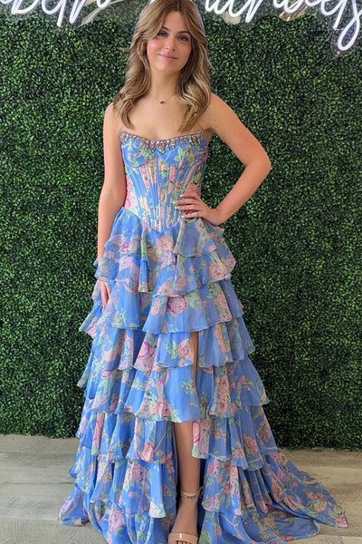 Cute A Line Strapless Blue Floral Satin Prom Dress with Beading AB26032208