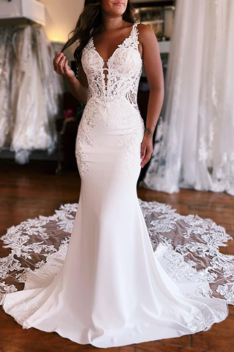 Gorgeous Mermaid V Neck Elastic Satin Wedding Dresses with Appliques ABWD061827