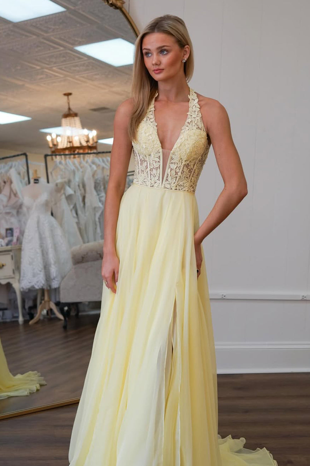 Cute A Line V Neck Daffodial Chiffon Long Prom Dress with Appliques AB25022301