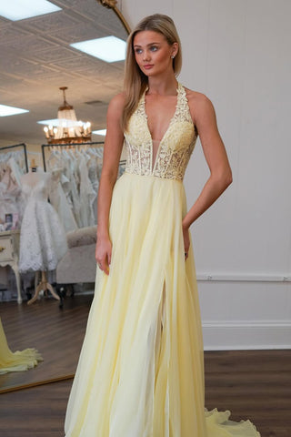Cute A Line V Neck Daffodial Chiffon Long Prom Dress with Appliques AB25022301