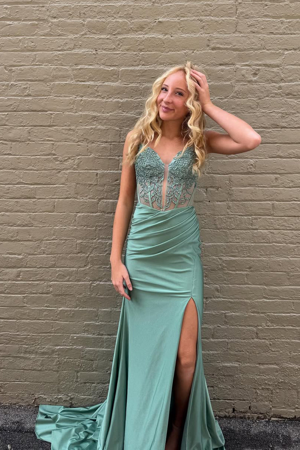Cute Mermaid V Neck Sage Green Satin Prom Dress with Appliques AB25101502