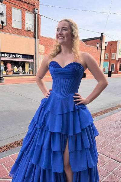 Cute A Line Sweetheart Royal Blue Tiered Chiffon Prom Dress AB26031309
