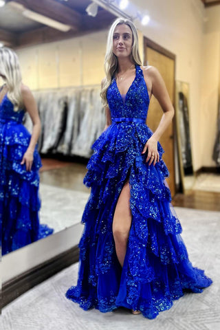 Elegant A Line V Neck Royal Blue Tiered Prom Dress with Appliques AB25010214