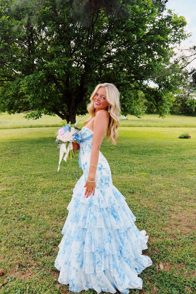 Cute Mermaid Strapless White Blue Floral Chiffon Prom Dress with Slit AB26050709