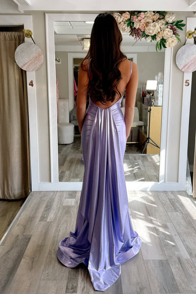Modest Mermaid V Neck Lilac Satin Long Prom Dresses AB26021006