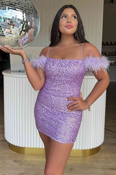 Sparkly Cute Scoop Neck Light Purple Sequins Short Homecoming Dresses with Feather ABHC061806
