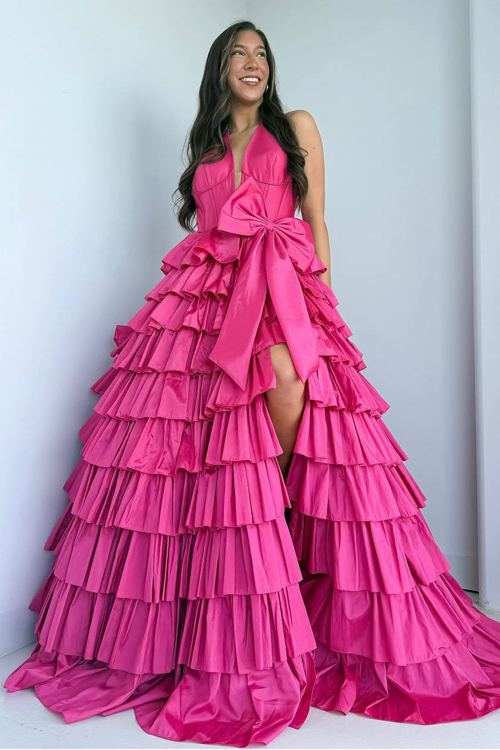 Ball Gown Halter Fuchsia Satin Ruffle Tiered Long Prom Dresses with Bowknot AB25032904