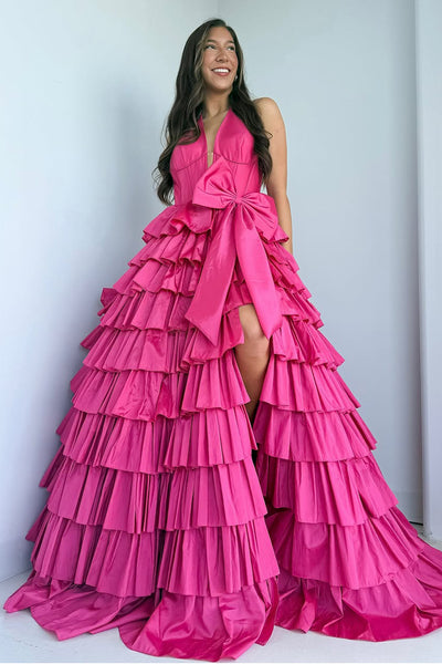 Ball Gown Halter Fuchsia Satin Ruffle Tiered Long Prom Dresses with Bowknot AB25032904