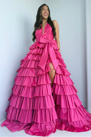 Ball Gown Halter Fuchsia Satin Ruffle Tiered Long Prom Dresses with Bowknot AB25032904