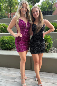 Cute Bodycon V Neck Sequins Short Homecoming Dresses AB071901