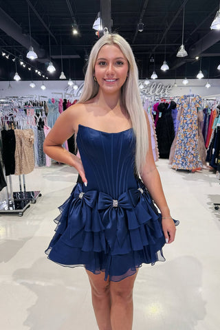 Cute A Line Strapless Dark Navy Satin Homecoming Dress with Bow AB25092509