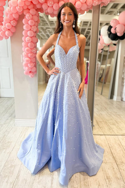 Gorgeous A Line V Neck Light Blue Satin Prom Dress with Beading AB26032802