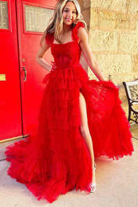 Cute A Line Sweetheart Red Tulle Tiered Long Prom Dresses with Slit AB122406