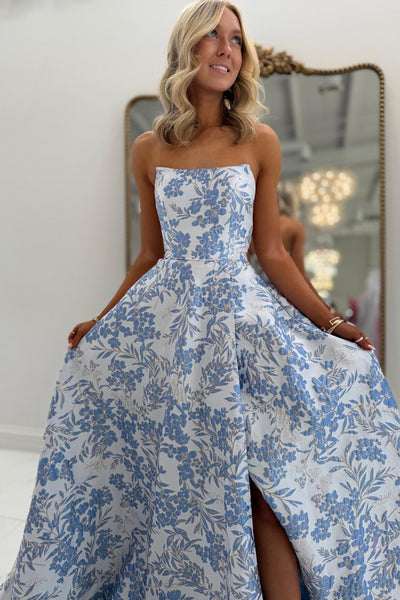 Charming A-Line Strapless Floral Jacquard Satin Prom Dress with Slit AB26020903