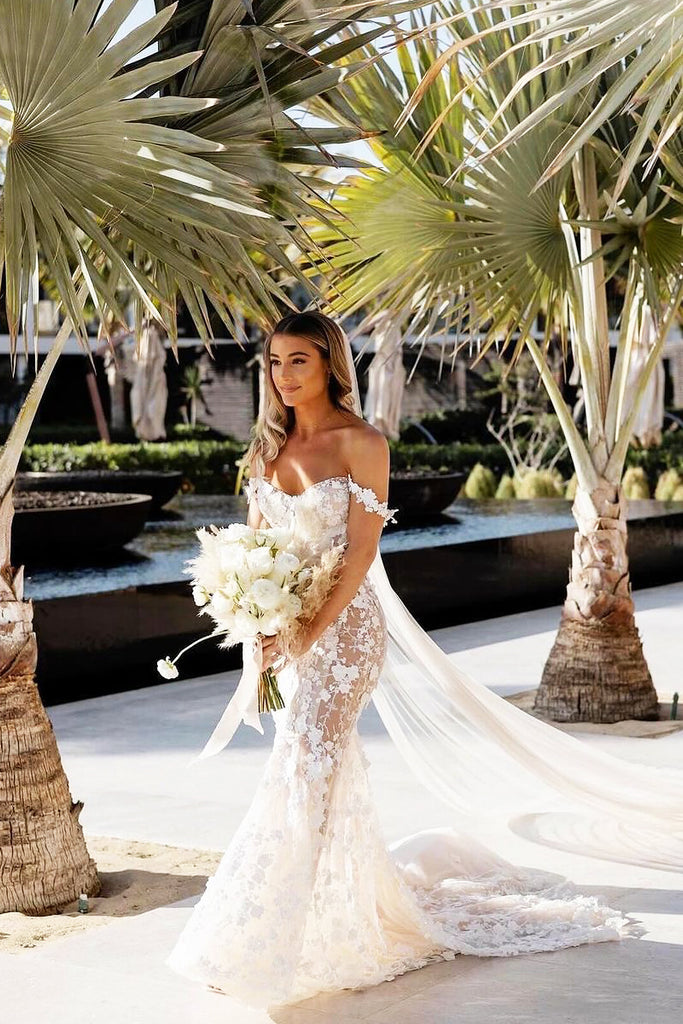 Gorgeous Mermaid Off the Shoulder Lace Beach Wedding Dresses AB24071303 Anniebride Gorgeous Mermaid Off the Shoulder Lace Beach Wedding Dresses AB24071303 Anniebride