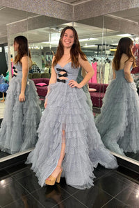 Pretty A Line Strapless Ruffle Tiered Tulle Prom Dress with Bow AB4050901
