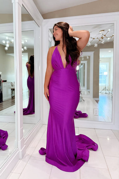 Charming Mermaid V Neck Purple Stretch Satin Prom Dress AB25111808