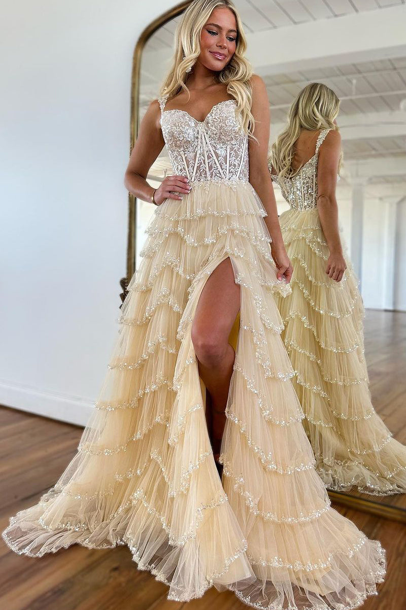 Cute A Line Sweetheat Champagne Tulle Cupcake Tiered Prom Dress with Beading AB112406