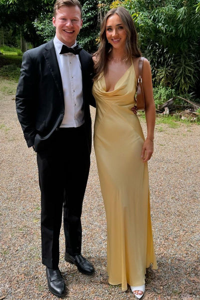 Sheath Romantic V Neck Daffodial Satin Bridesmaid Dresses AB25092909