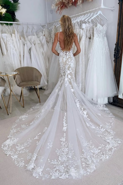 Stunning Mermaid V Neck Lace Tulle Wedding Dress with Appliques AB26022406