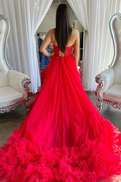 Cute Ball Gown Gown Red Tulle Prom Dresses with Appliques AB121901