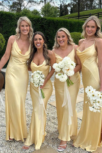 Sheath Romantic V Neck Daffodial Satin Bridesmaid Dresses AB25092909