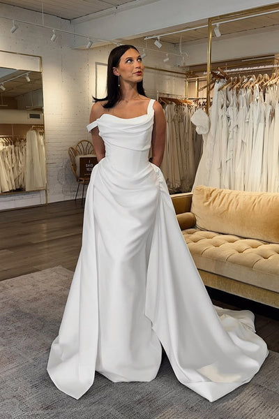 Elegant Mermaid Square Neck Satin Wedding Dress with Train AB25121502