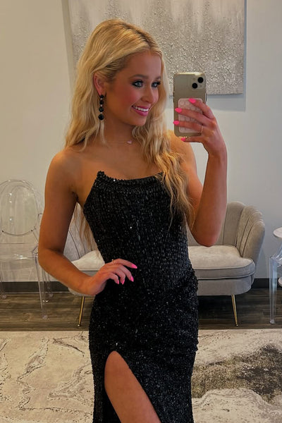 Cute Mermaid Scoop Neck Black Sequins Long Prom Dress with Beading AB25100106