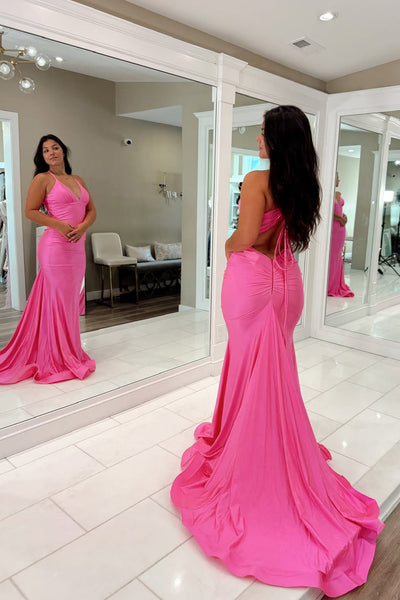 Charming Mermaid V Neck Pink Satin Prom Dress AB25111403
