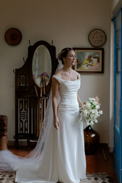 Boho Mermaid Off the Shoulder Satin Wedding Dress AB26102710