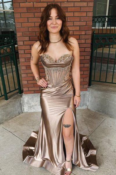 Charming Mermaid Sweetheart Brown Silk Satin Long Prom Dress with Slit AB25102705
