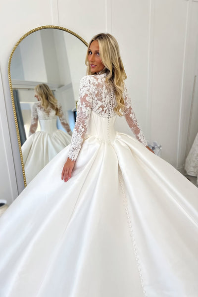 Elegant Ball Gown High Neck Satin Wedding Dress with Long Sleeves AB25112707