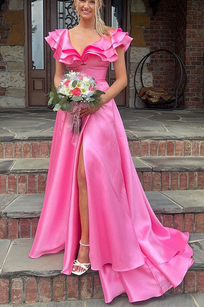 Beautiful A-Line Ruffles Neck Pink Satin Long Prom Dresses with Appliques AB061820