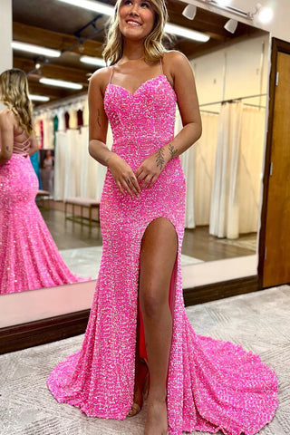 Cute Mermaid Sweetheart Pink Velvet Sequins Prom Dresses with Slit AB030301
