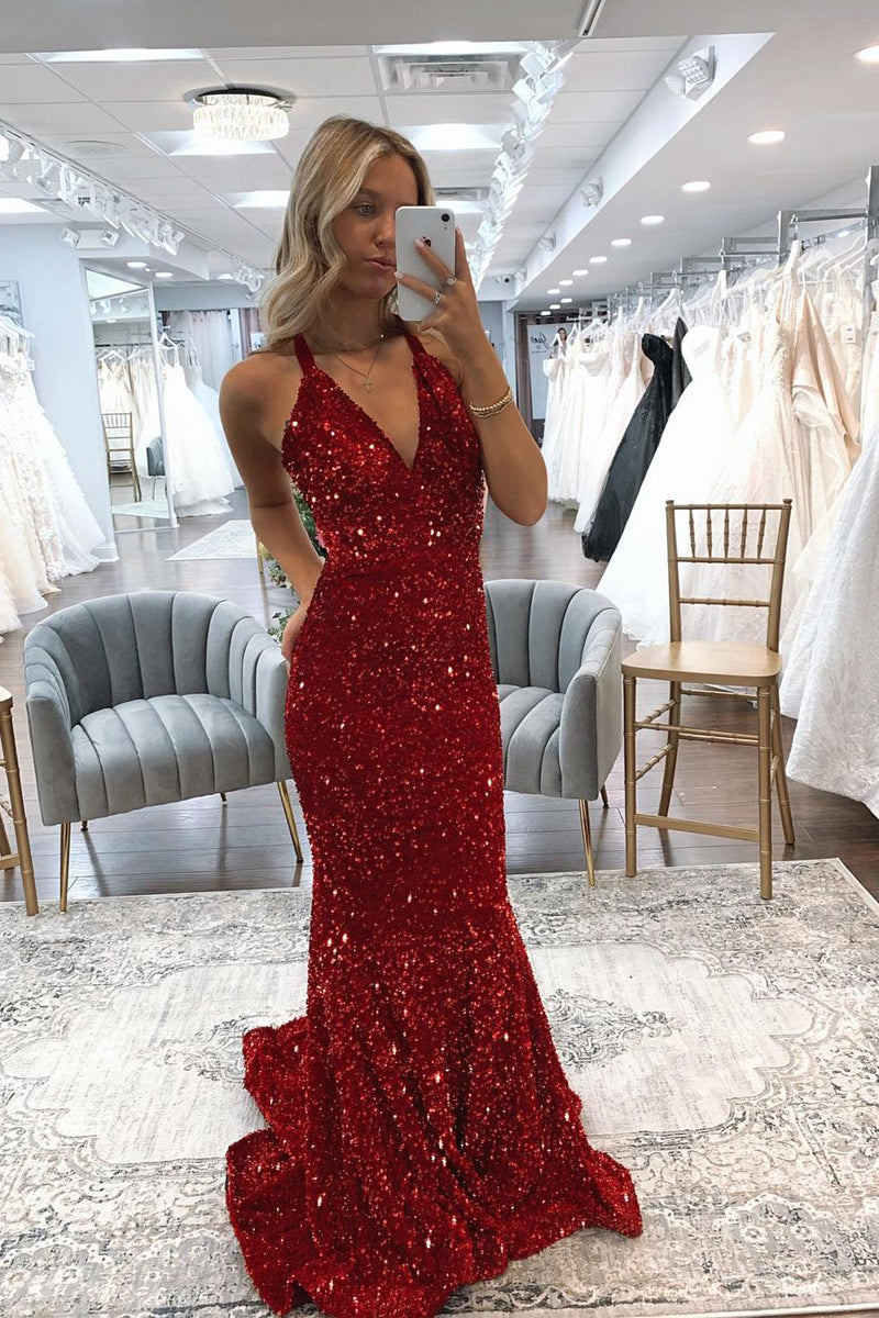 Sparkly Mermaid V Neck Dark Red Sequins Long Prom Dresses AB031502