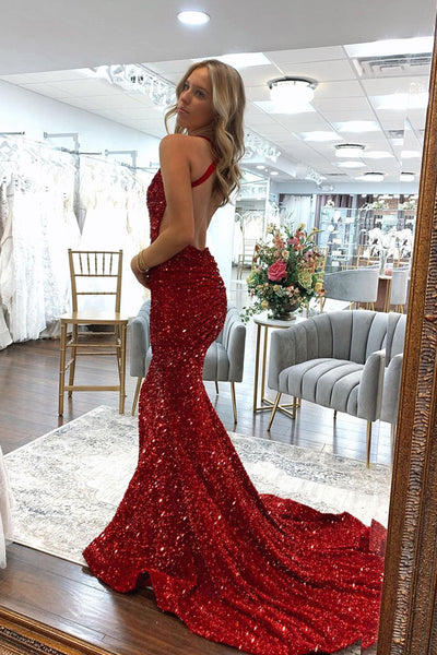 Sparkly Mermaid V Neck Dark Red Sequins Long Prom Dresses AB031502