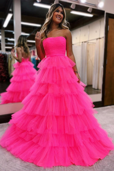 Cute Tulle Strapless Hot Pink Long Prom Dresses AB031503