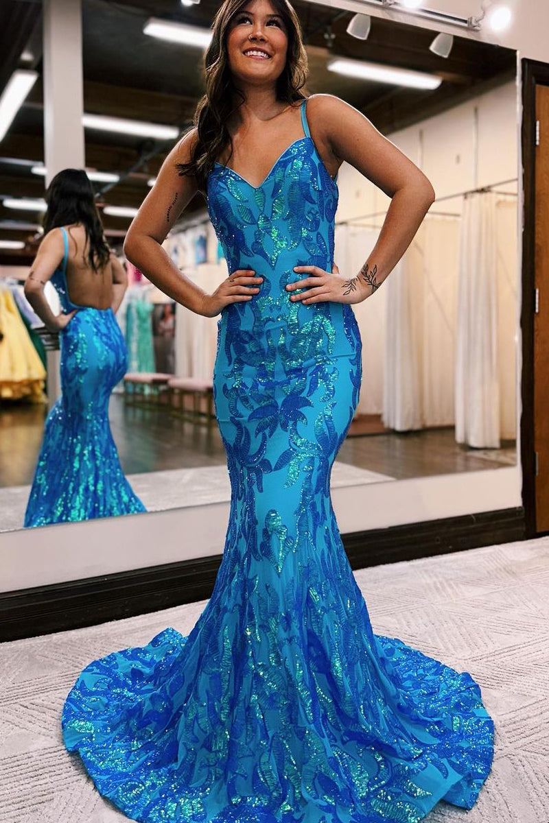 Charming Mermaid Straps Blue Sequins Prom Dresses AB031505