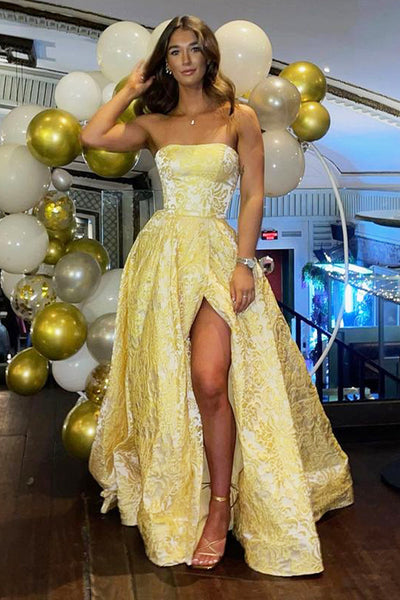 Gorgeus Ball Gown Strapless Gold Jacquard Satin Long Prom Dresses AB032602