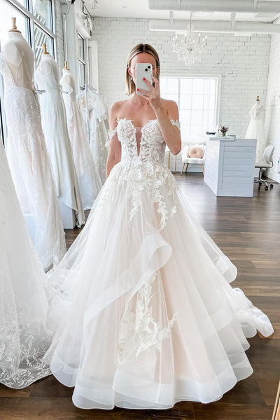 Fairy A Line Off the Shoulder Tulle Wedding Dresses with Lace AB033003