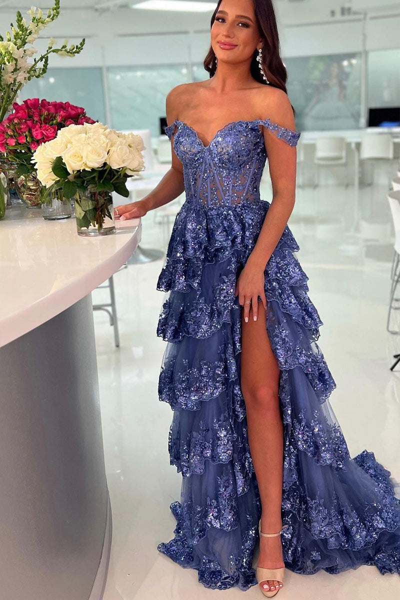 Charming A Line Off the Shoulder Dark Blue Prom Dresses with Sequins Appliques AB040203