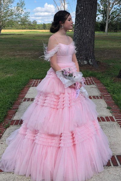 Fairy Ball Gown Scoop Neck Pink Tulle Prom Dresses with Feather AB040204