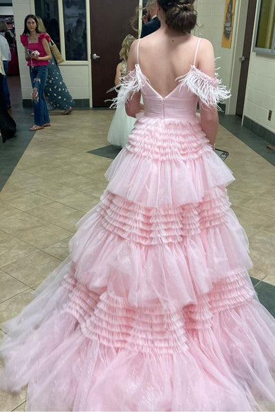 Fairy Ball Gown Scoop Neck Pink Tulle Prom Dresses with Feather AB040204