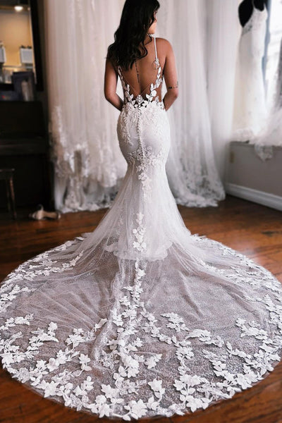 Charming Mermaid V Neck Lace Wedding Dresses with Appliques AB040403