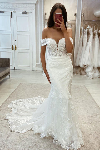 Elegant Mermaid Off the Shoulder Lace Wedding Dresses with Appliques AB040902