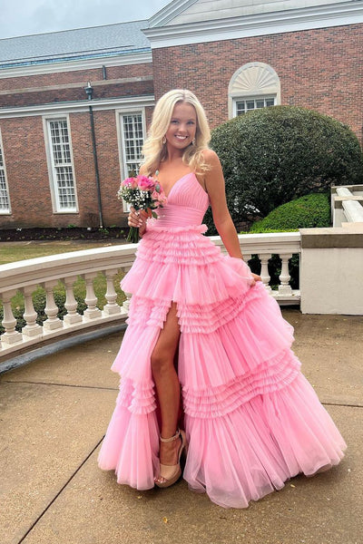 Fairy Ball Gown V Neck Pink Tulle Prom Dresses with Slit AB040905